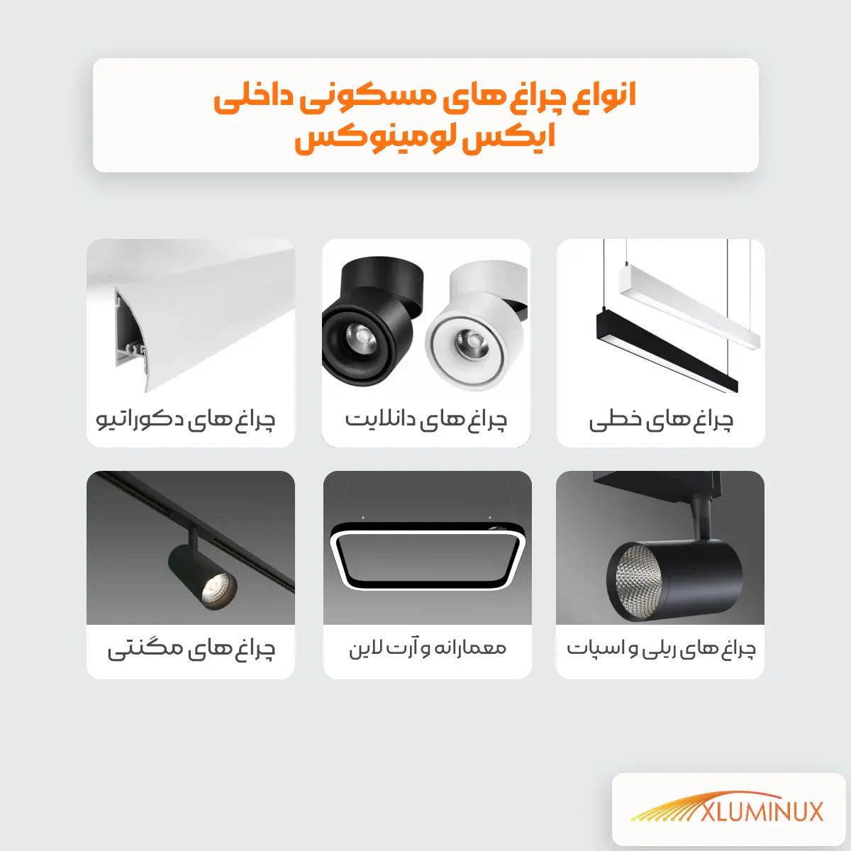 اینفوگرافیک انوع چراغ‌های مسکونی داخلی ایکس لومینوکس چراغ‌های خطی چراغ‌های دانلایت چراغ‌های دکوراتیو چراغ‌های ریلی و اسپات چراغ‌های معمارانه و آرت لاین چراغ‌های مگنتی