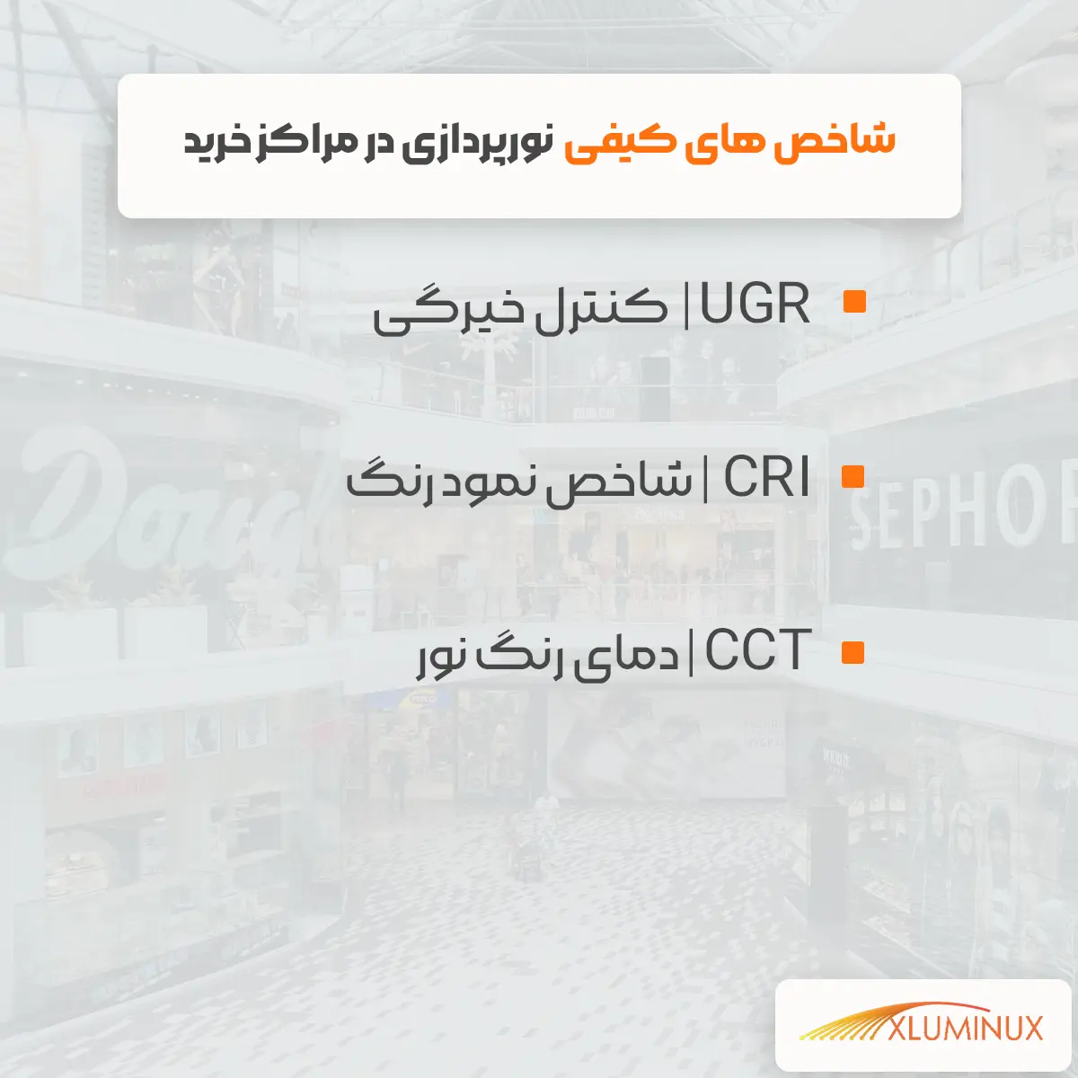 اینفوگرافیک شاخص‌های کیفی نورپردازی در مراکز خرید UGR | کنترل خیرگی CRI | شاخص نمود رنگ CCT | دمای رنگ نور