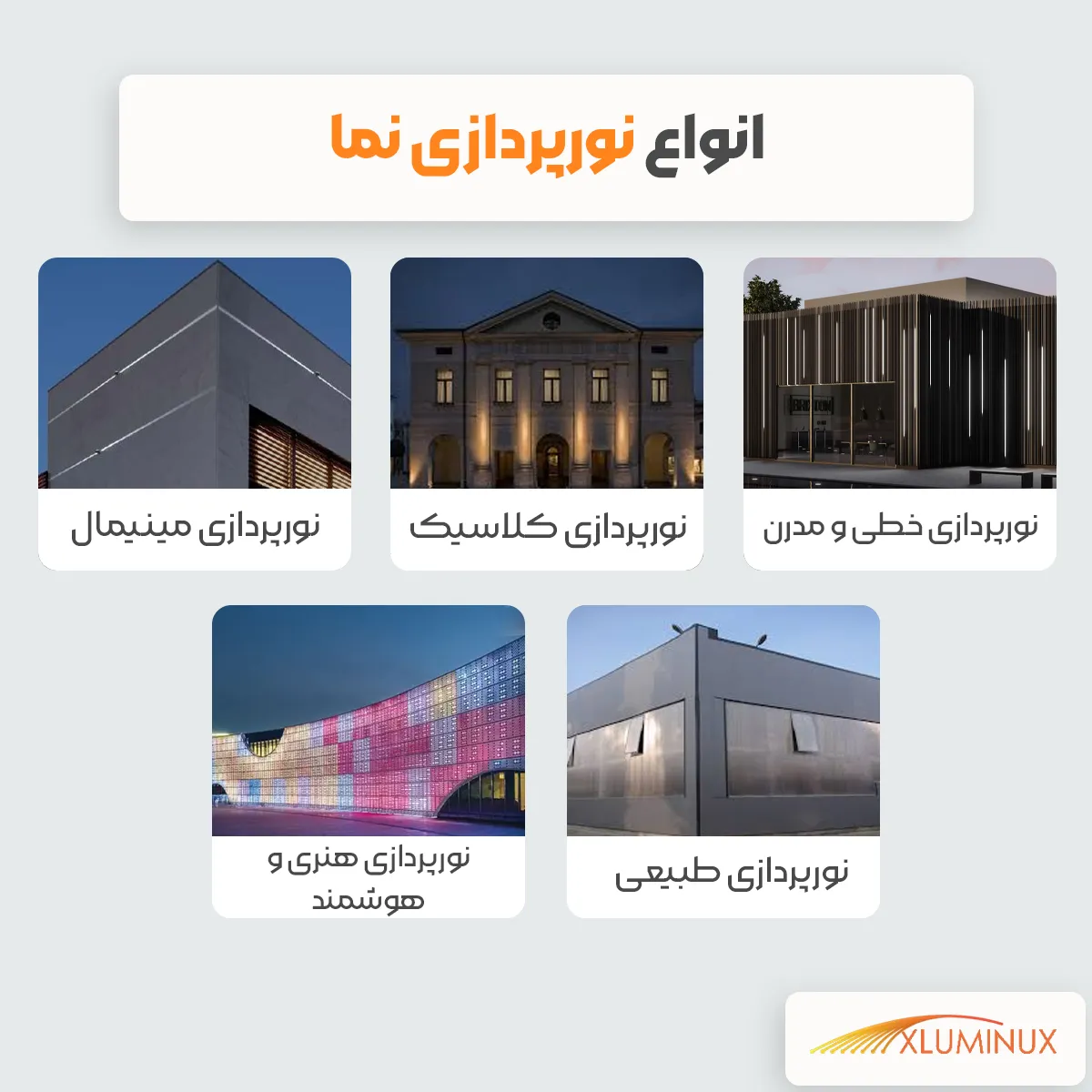 انواع نورپردازی نما (تصویر داشته باشن) نورپردازی کلاسیک نورپردازی مدرن نورپردازی مینیمال نورپردازی خطی نورپردازی طبیعی نورپردازی هنری و هوشمند